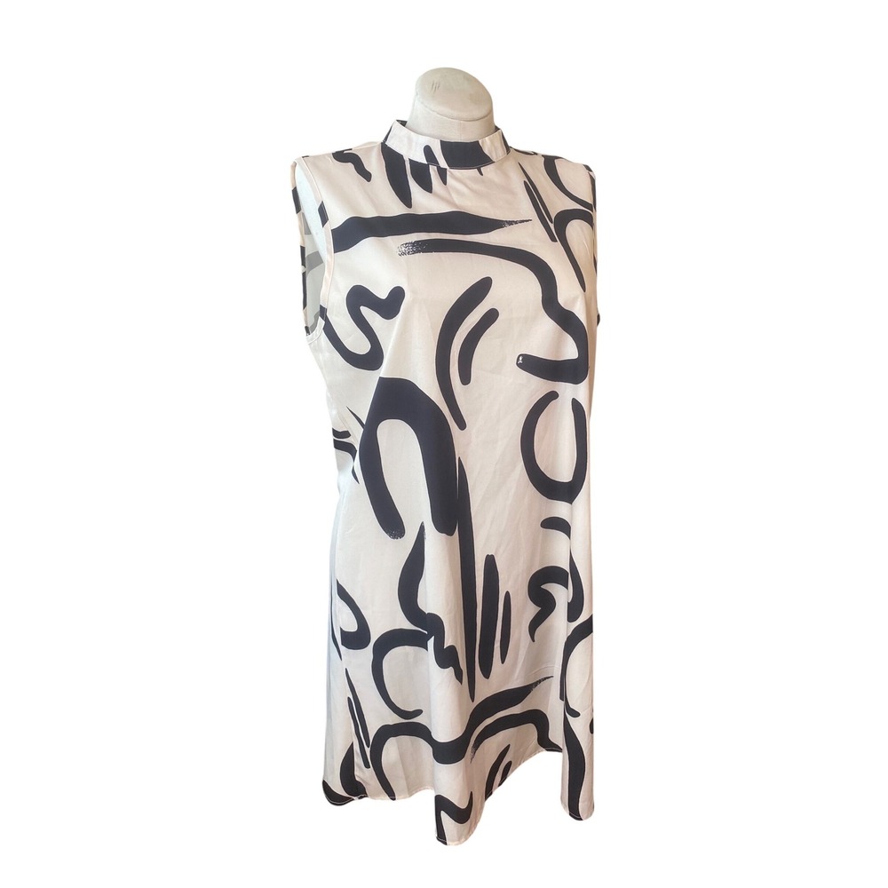 Abstract Brushstroke Mock Neck Sleeveless Shift Dress Cream Black Art Sz L